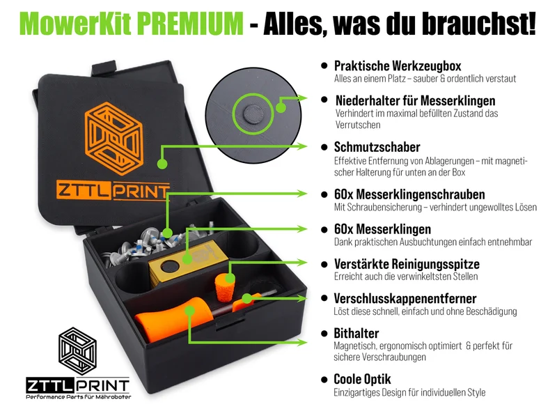 MowerKit PREMIUM 60x Messerklingen + 60x Schrauben + Zubehör + Werkzeugbox Komplettset Messerklingensystem