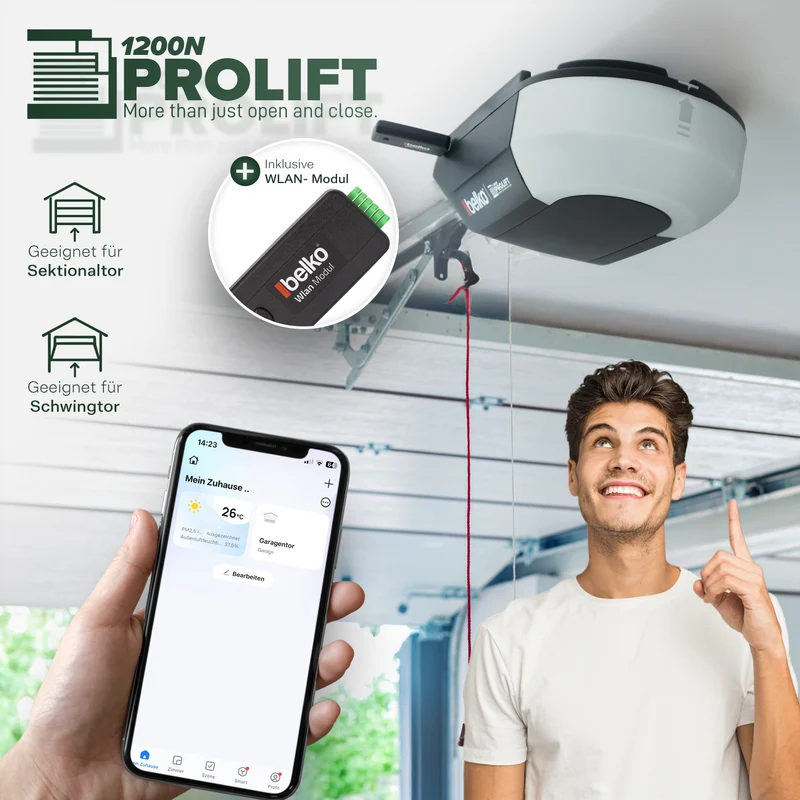 Belko® Garagentorantrieb ProLift 1200 N mit WiFi | für Schwing- & Sektionaltore bis 17 m² | LED & 2 Fernbedienungen