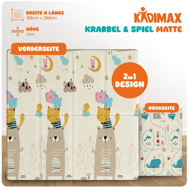 Kidimax® Krabbelmatte 180x200 cm Spielmatte Baby Faltbar wendbar Kindermatte