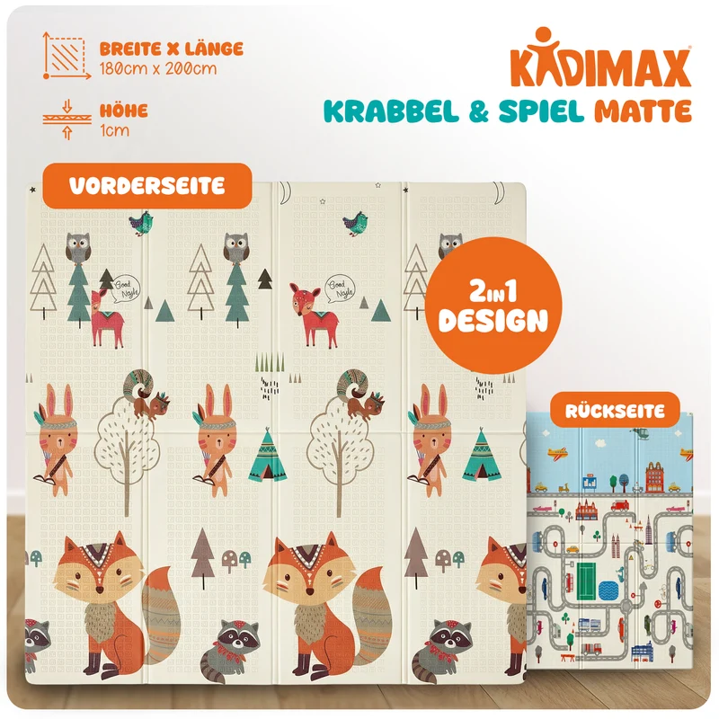 Kidimax® Krabbelmatte 180x200 cm Spielmatte Baby Faltbar wendbar Kindermatte