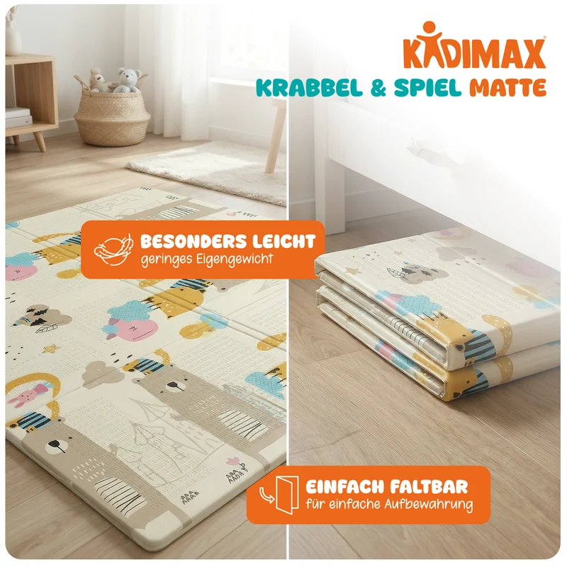 Kidimax® Krabbelmatte 180x200 cm Spielmatte Baby Faltbar wendbar Kindermatte