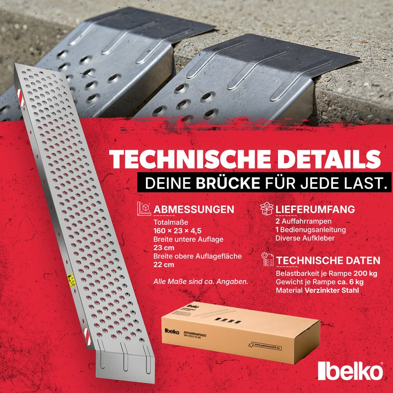 Belko® 2X Auffahrrampe 400kg Tragkraft | Verzinkter Stahl | Rutschfest perforiert | 23cm Breite | Klappbar / Nicht klappbar | PKW Motorrad Quad ATV Anhänger