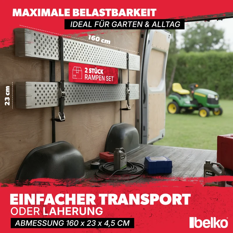 Belko® 2X Auffahrrampe 400kg Tragkraft | Verzinkter Stahl | Rutschfest perforiert | 23cm Breite | Klappbar / Nicht klappbar | PKW Motorrad Quad ATV Anhänger