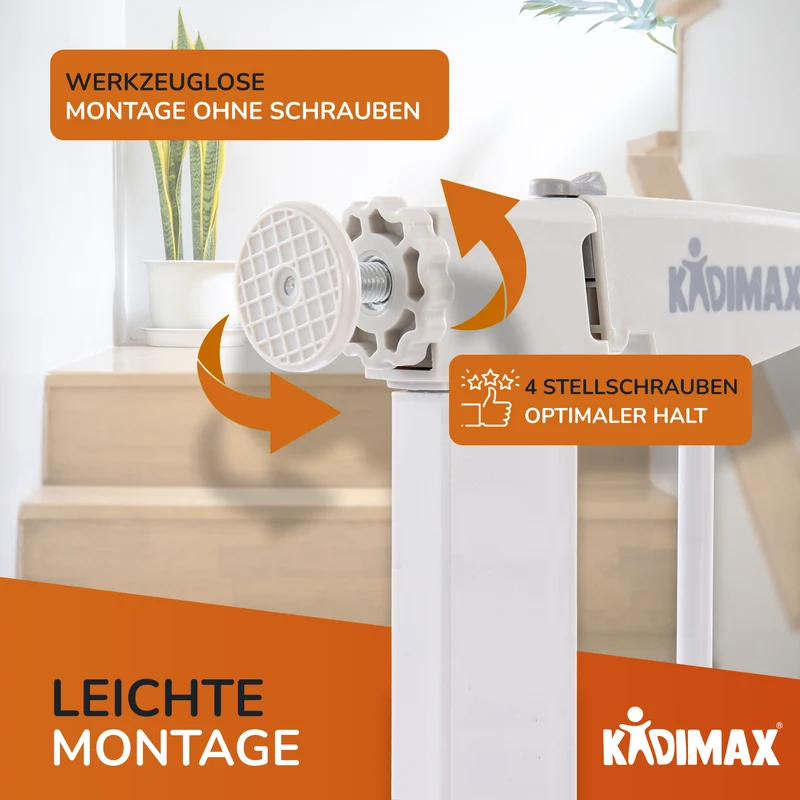 Kidimax® Treppenschutzgitter 77-82 cm, ohne Bohren, Türschutzgitter für Kinder, Hunde und Katzen, mit Auto-Close & Keep-Open Funktion, Treppengitter weiß