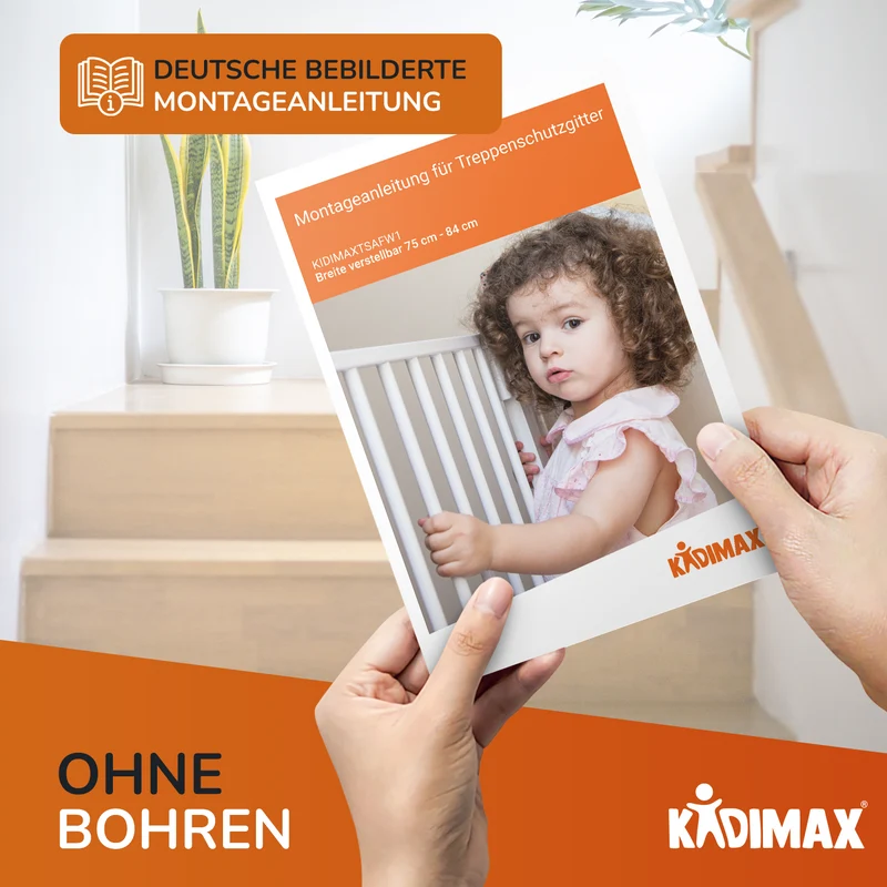 Kidimax® Treppenschutzgitter 77-82 cm, ohne Bohren, Türschutzgitter für Kinder, Hunde und Katzen, mit Auto-Close & Keep-Open Funktion, Treppengitter weiß