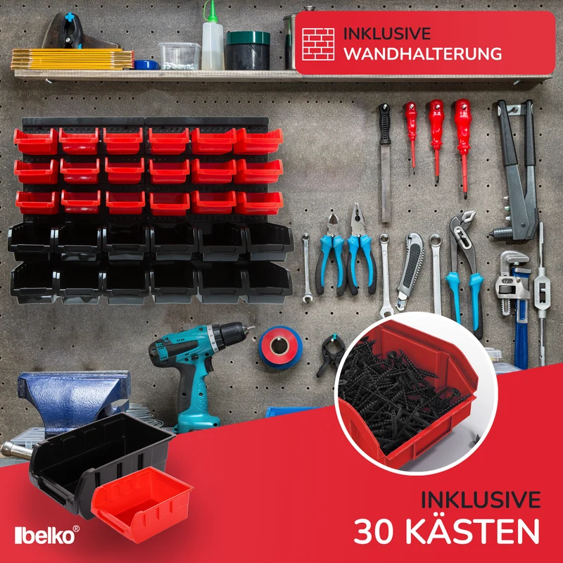 P24® Wandregal Stapelboxen, blau oder rot, Set 32 tlg. (Farbe wählbar)