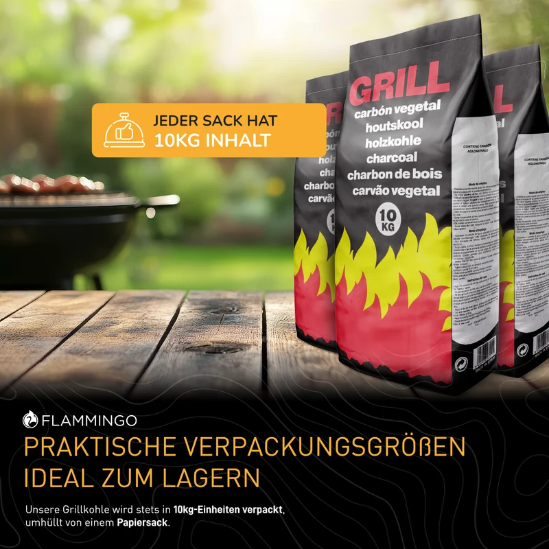 Flammingo® Grillkohle – 100% Natur-Holzkohle aus Hartholz – extra grob – lange Brenndauer – ideal für BBQ, Smoker & Grill