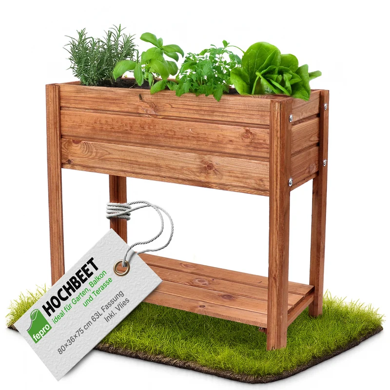 Fepro® Hochbeet aus Holz – 63L Pflanzkasten mit Ablage & Vlies, wetterfest für Garten, Balkon & Terrasse (80x75x36 cm)