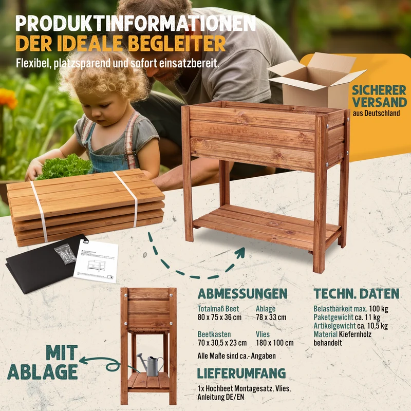 Fepro® Hochbeet aus Holz – 63L Pflanzkasten mit Ablage & Vlies, wetterfest für Garten, Balkon & Terrasse (80x75x36 cm)