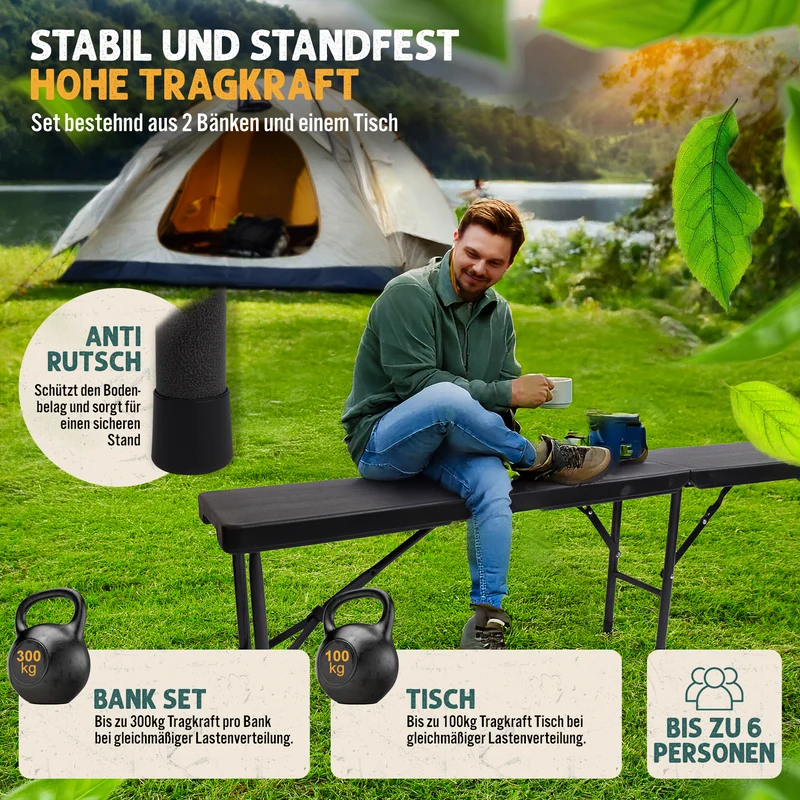 Devillo® Bierzeltgarnitur 3-teilig klappbar – Tisch + 2 Bänke – wetterfest – in Anthrazit, Weiß oder Rattanoptik