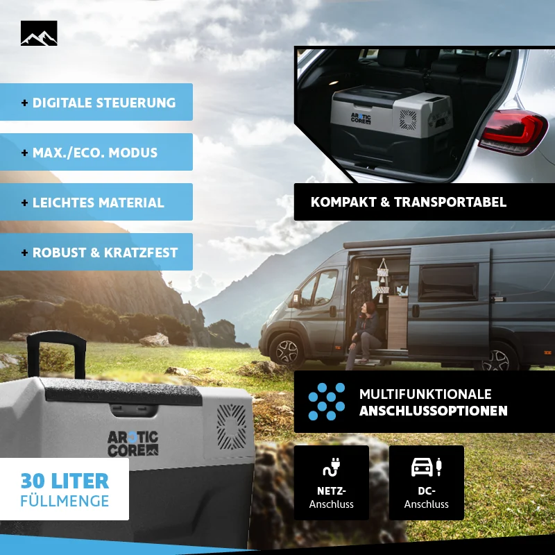 Belko® ArcticCore Kompressor Kühlbox – elektrisch kühlen & gefrieren – 30L / 50L – 12/24V & 100–240V – tragbare Auto & Camping Kühltruhe – grau