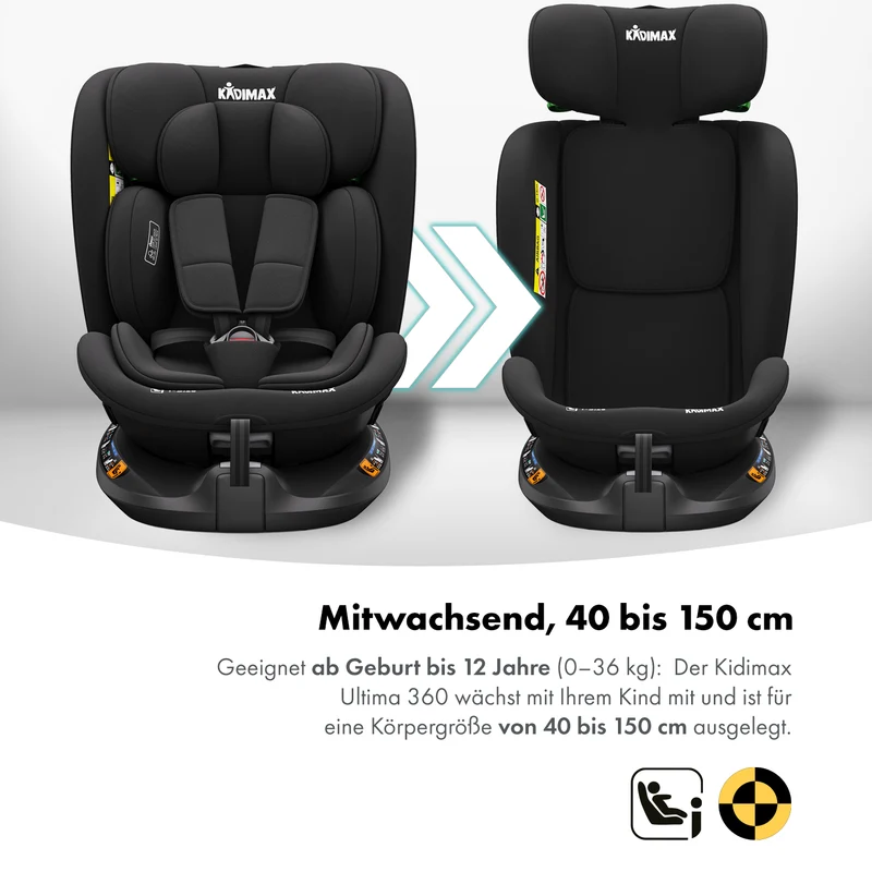 Kidimax® Ultima 360 i-Size Kindersitz 40–150cm (0–12 Jahre), drehbar, Isofix, Gruppe 0+/1/2/3 – verschiedene Farben