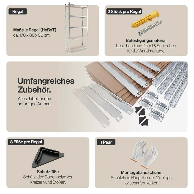 Belko® Schwerlastregal C115, 170x80x30 cm, 5 Böden, 70kg Tragkraft pro Boden, verzinkt - Lagerregal, Steckregal