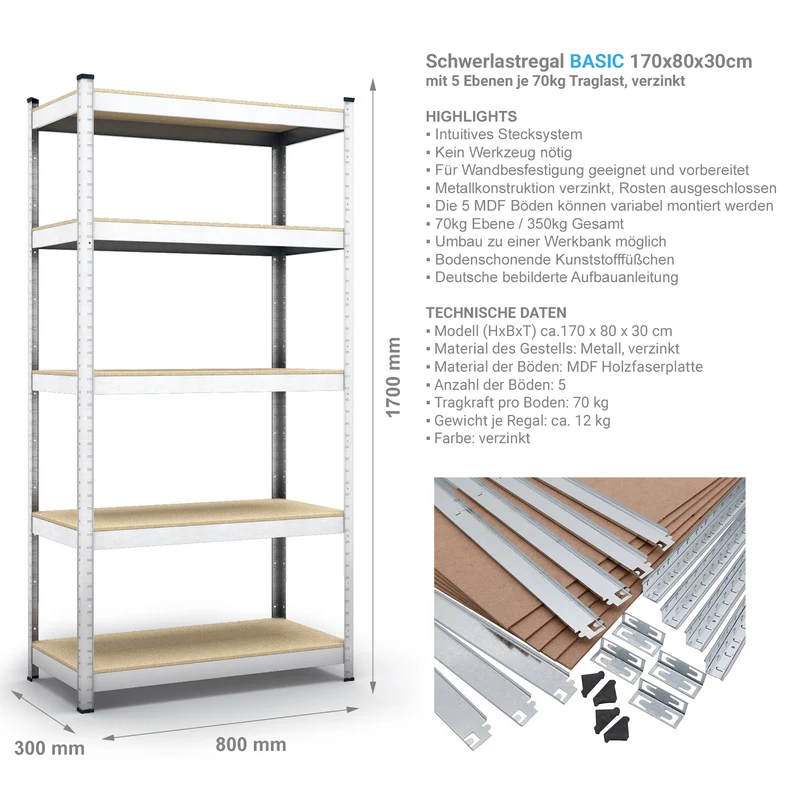 Belko® Schwerlastregal C115, 170x80x30 cm, 5 Böden, 70kg Tragkraft pro Boden, verzinkt - Lagerregal, Steckregal