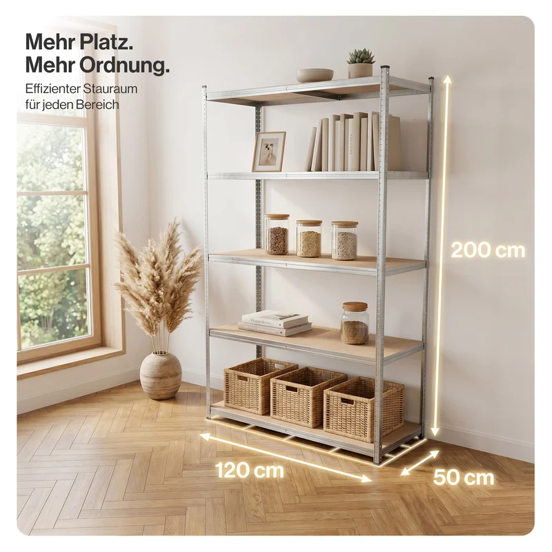Belko® Schwerlastregal C225, 200x120x50 cm, 5 Böden, 180kg Tragkraft pro Boden, (Farbe wählbar) - Lagerregal, Steckregal