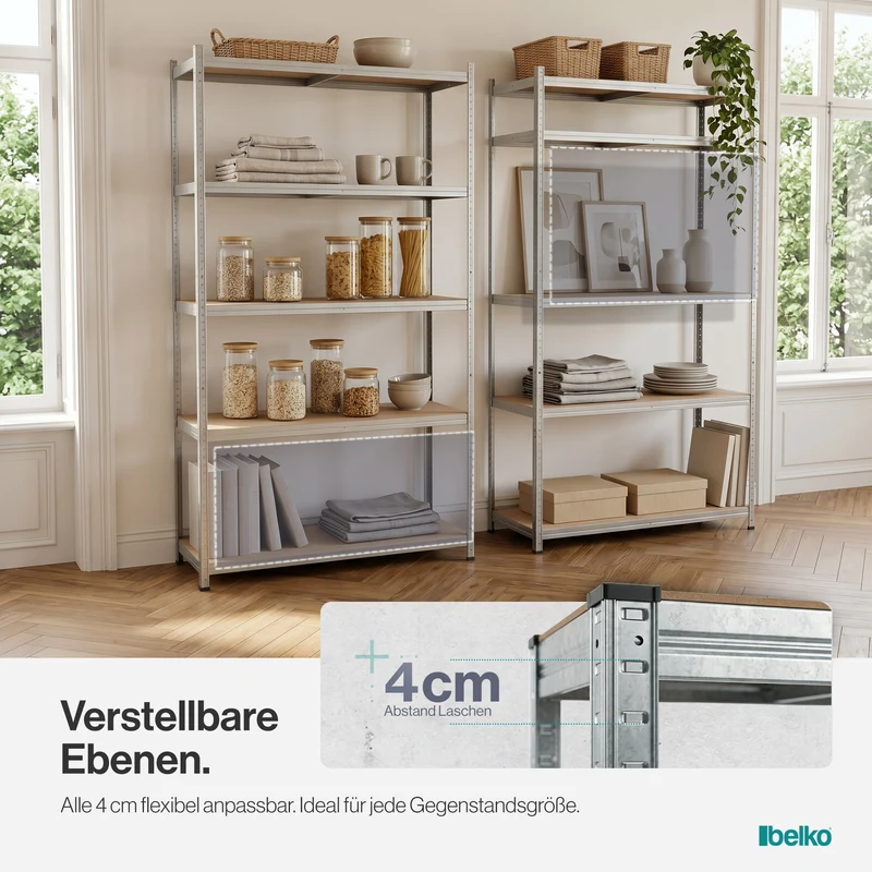 Belko® Schwerlastregal C226, 200x120x60 cm, 5 Böden, 180kg Tragkraft pro Boden, (Farbe wählbar) - Lagerregal, Steckregal