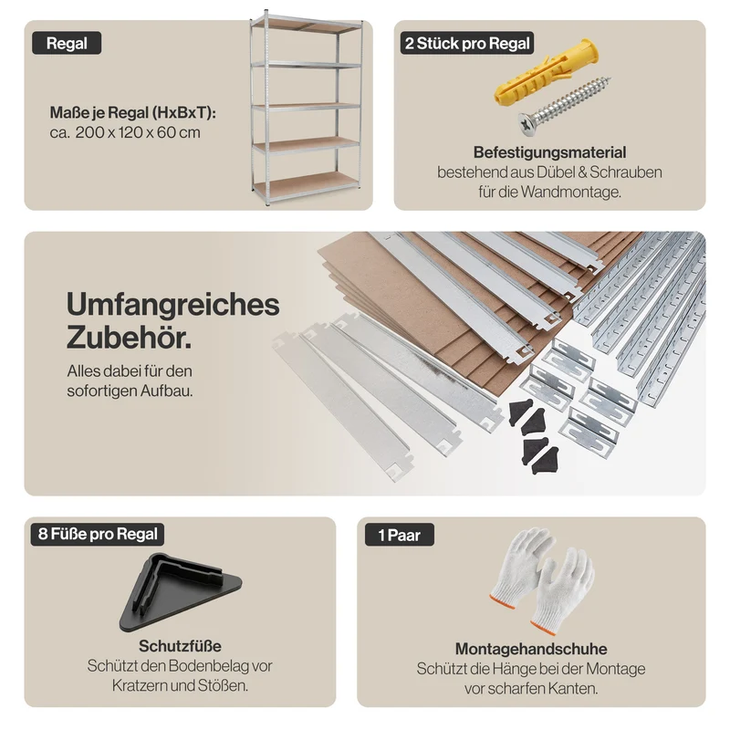 Belko® Schwerlastregal C226, 200x120x60 cm, 5 Böden, 180kg Tragkraft pro Boden, (Farbe wählbar) - Lagerregal, Steckregal