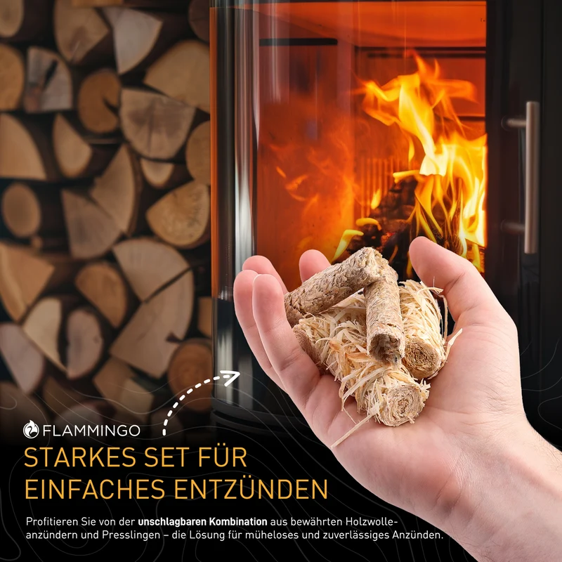 Flammingo® 12 kg Kamin-Anzünder Set, bestehend aus 8kg Holzwolleanzünder und 4kg Anzündsticks - aus Holzwolle und Wachs, ideal für Kamin, Ofen, Grill UVM.