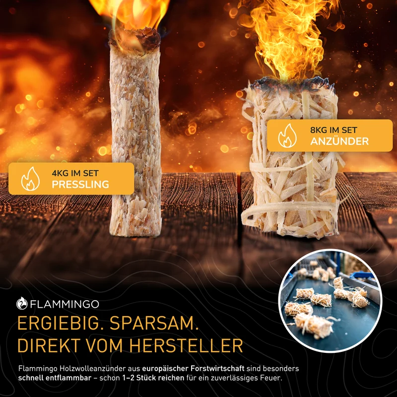 Flammingo® 12 kg Kamin-Anzünder Set, bestehend aus 8kg Holzwolleanzünder und 4kg Anzündsticks - aus Holzwolle und Wachs, ideal für Kamin, Ofen, Grill UVM.