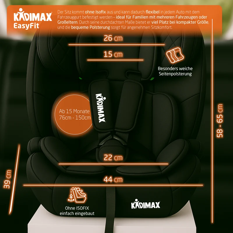 Kidimax® Kindersitz EasyFit 9–36 kg – Mitwachsender Autositz nach ECE R129/03, ohne Isofix