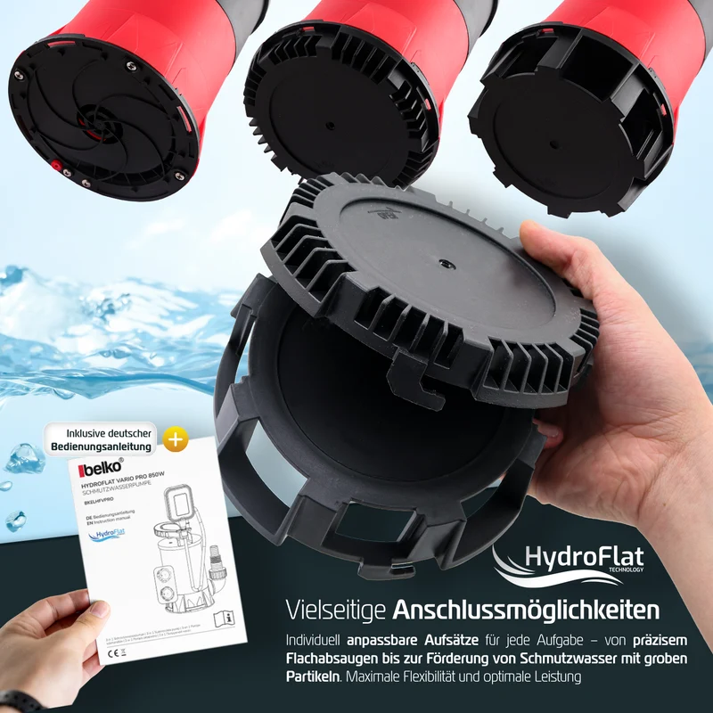Belko® HydroFlat Vario Schmutzwasserpumpen – Pro 850W & Eco 400W, Flachsaugend bis 1 mm, Vielseitige 3-in-1 Aufsätze, Perfekt für Keller, Pool, Garten & Baustelle
