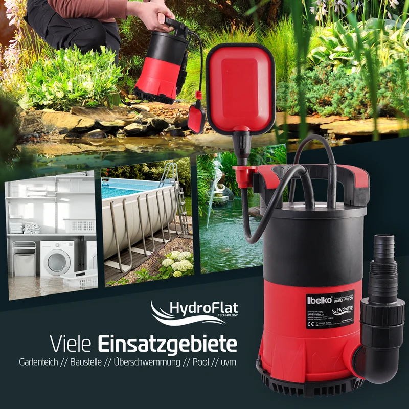 Belko® HydroFlat Vario Schmutzwasserpumpen – Pro 850W & Eco 400W, Flachsaugend bis 1 mm, Vielseitige 3-in-1 Aufsätze, Perfekt für Keller, Pool, Garten & Baustelle