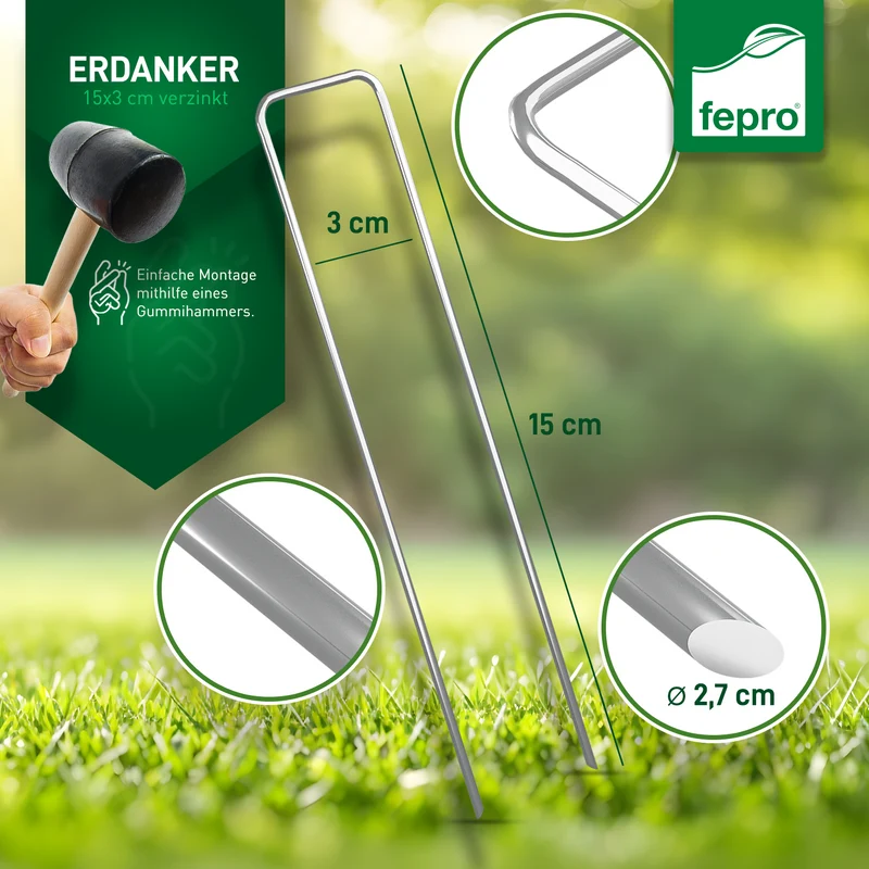 Fepro® Erdanker verzinkter Stahl 150mm x 30mm Ø 2,7mm Unkrautvlies Gartenvlies Erdnägel Zeltanker Heringe Bodenanker Trampolin Zaun Garten Zelthering Kunstrasen