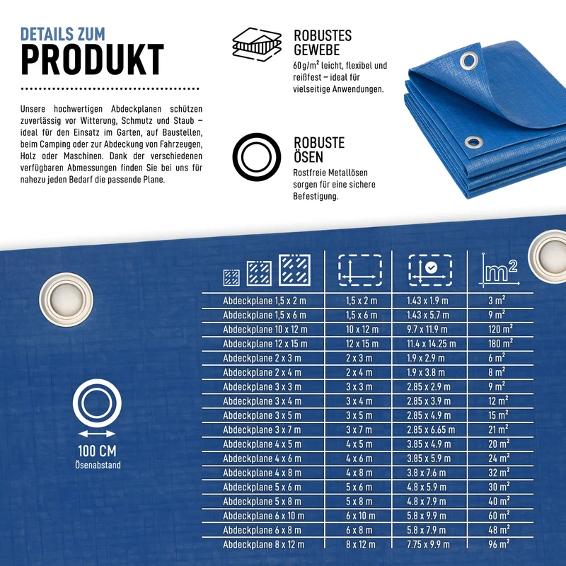 P24® Wasserabweisende Abdeckplane, blau mit Aluminium Ösen (Größe wählbar)