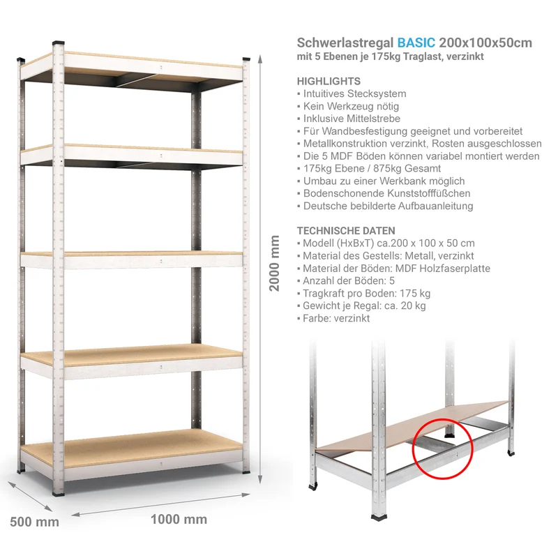 Belko® Schwerlastregal C223, 200x100x50 cm, 5 Böden, 180kg Tragkraft pro Boden, (Farbe wählbar) - Lagerregal, Steckregal