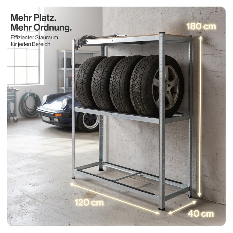 Belko® Reifenregal T110, 180x120x40 cm, für 8 Reifen mit Kantenschutz und Ablage, max. 200 kg Tragkraft, verzinkt