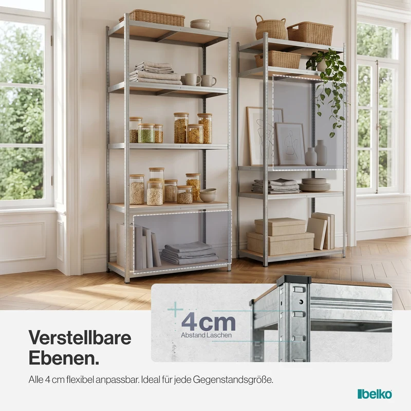 Belko® Schwerlastregal C118, 200x90x45 cm, 5 Böden, 200kg Tragkraft pro Boden, verzinkt - Lagerregal, Steckregal