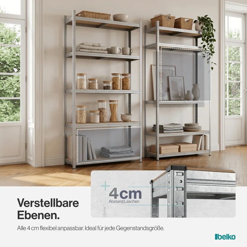 Belko® Schwerlastregal C117, 180x90x30 cm, 5 Böden, 175kg Tragkraft pro Boden, verzinkt - Lagerregal, Steckregal