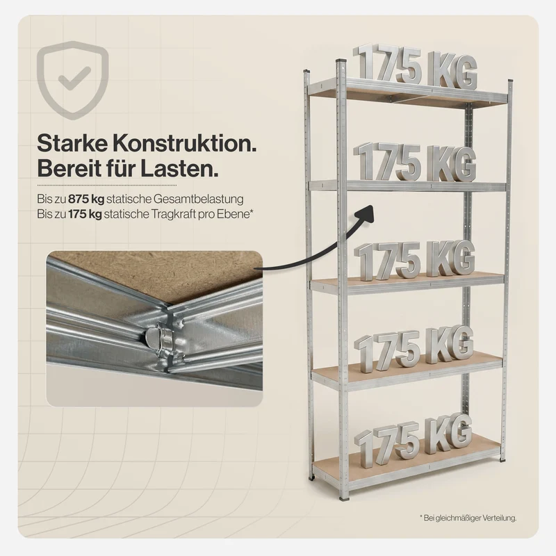 Belko® Schwerlastregal C117, 180x90x30 cm, 5 Böden, 175kg Tragkraft pro Boden, verzinkt - Lagerregal, Steckregal