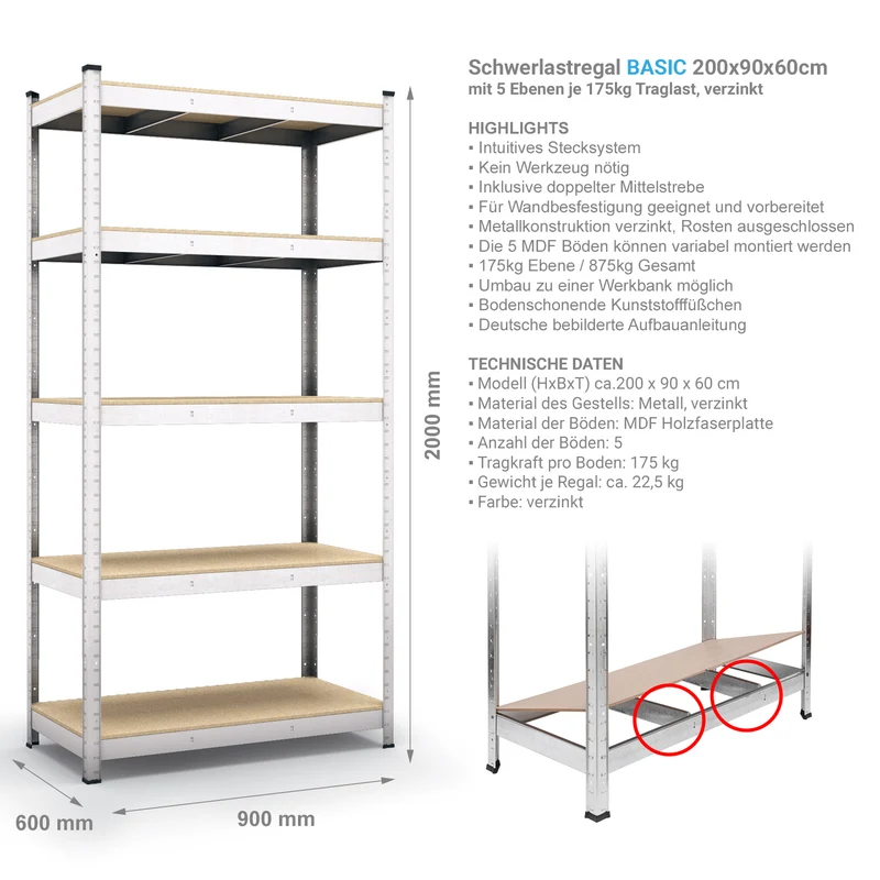 Belko® Schwerlastregal C116, 200x90x60 cm, 5 Böden, 175kg Tragkraft pro Boden, verzinkt - Lagerregal, Steckregal