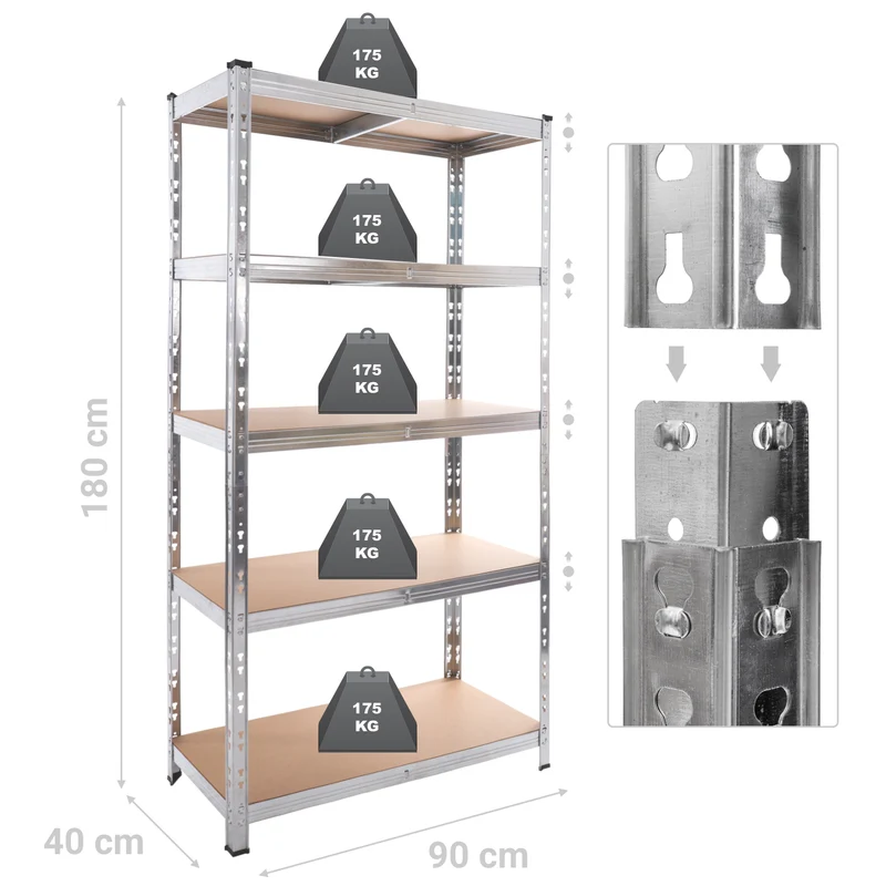 Belko® Schwerlastregal Premium P114, 180x90x40 cm, 5 Böden, 175kg Tragkraft pro Boden, verzinkt mit Schmetterlings-Stecksystem - Lagerregal, Steckregal