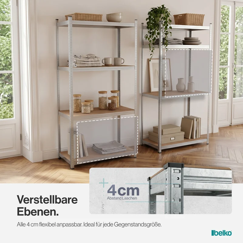 Belko® Schwerlastregal C113, 160x80x40 cm, 4 Böden, 80kg Tragkraft pro Boden, verzinkt - Lagerregal, Steckregal