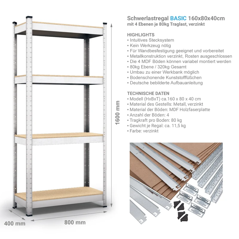 Belko® Schwerlastregal C113, 160x80x40 cm, 4 Böden, 80kg Tragkraft pro Boden, verzinkt - Lagerregal, Steckregal
