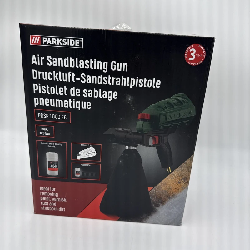 Druckluft Sandstrahlpistole 6,3 bar, 4 Aufsätze, 2 kg Strahlgut, Auffangsack