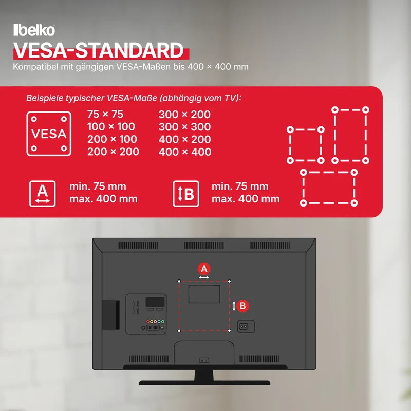 Belko® TV Wandhalterung, VESA max 400x400mm. Wandabstand: 25mm, für 32" - 65"