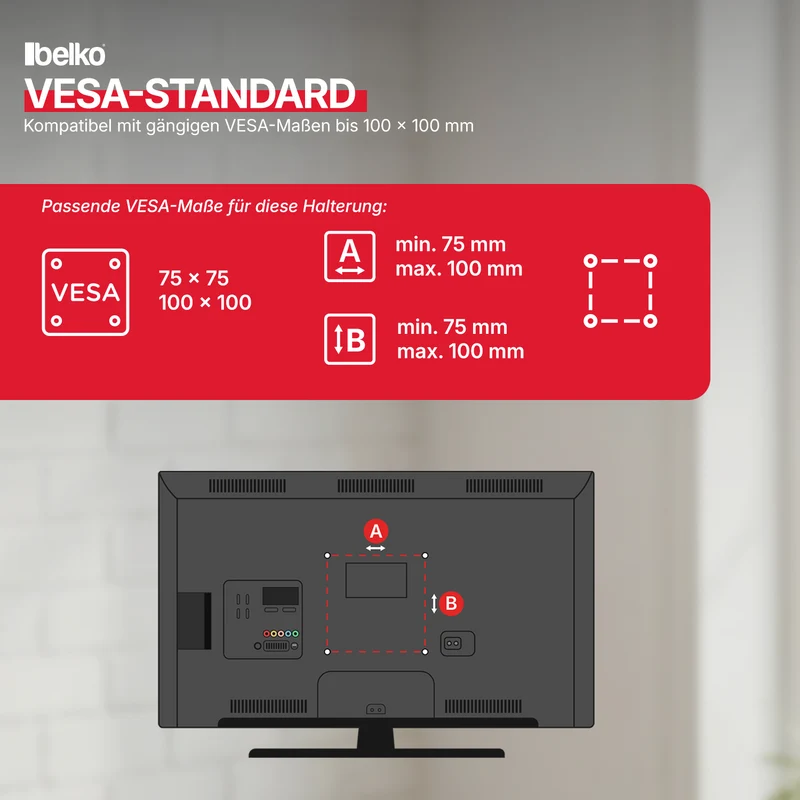 Belko® TV Wandhalterung, VESA max 100x100mm. Wandabstand: 50-280mm, für 10" - 27"