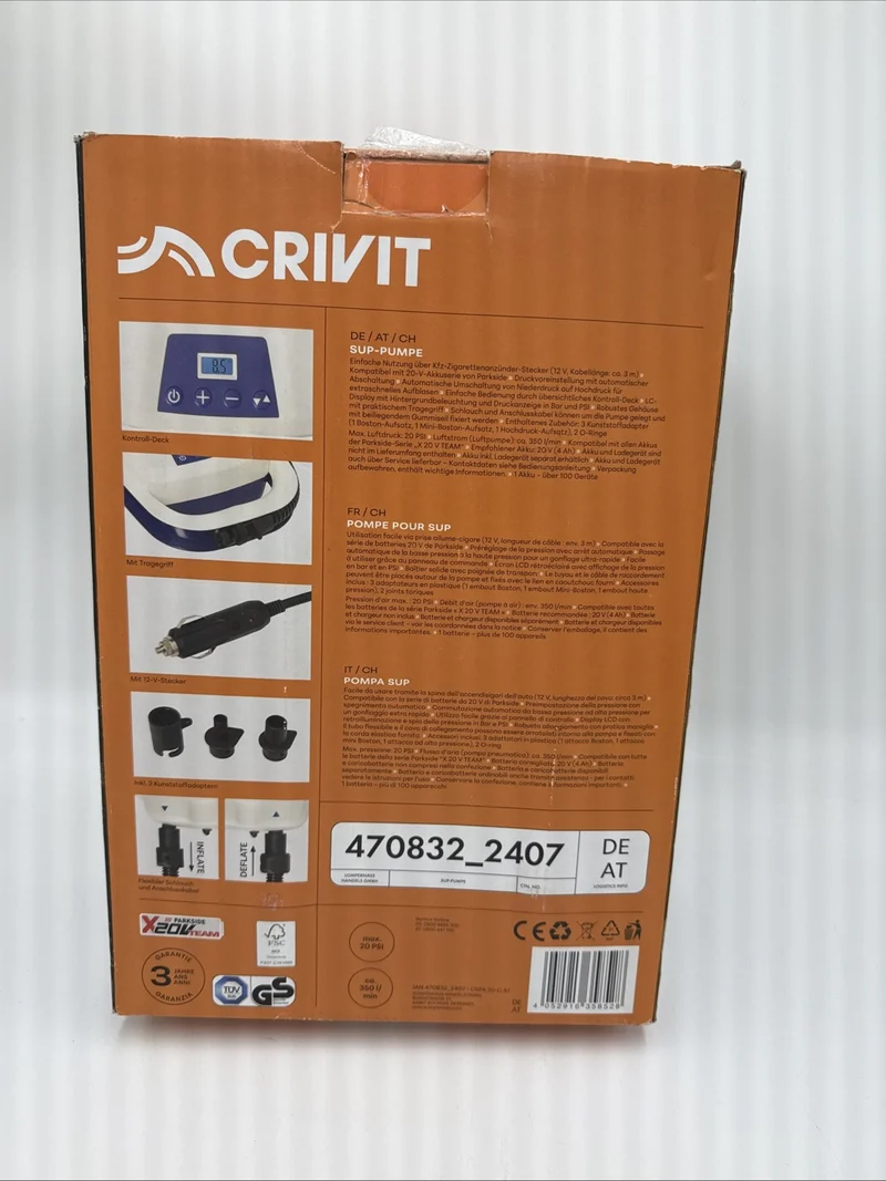 CRIVIT SUP Board Pumpe 12V / 20V Elektrische Pumpe 20 PSI Stand Up Paddle