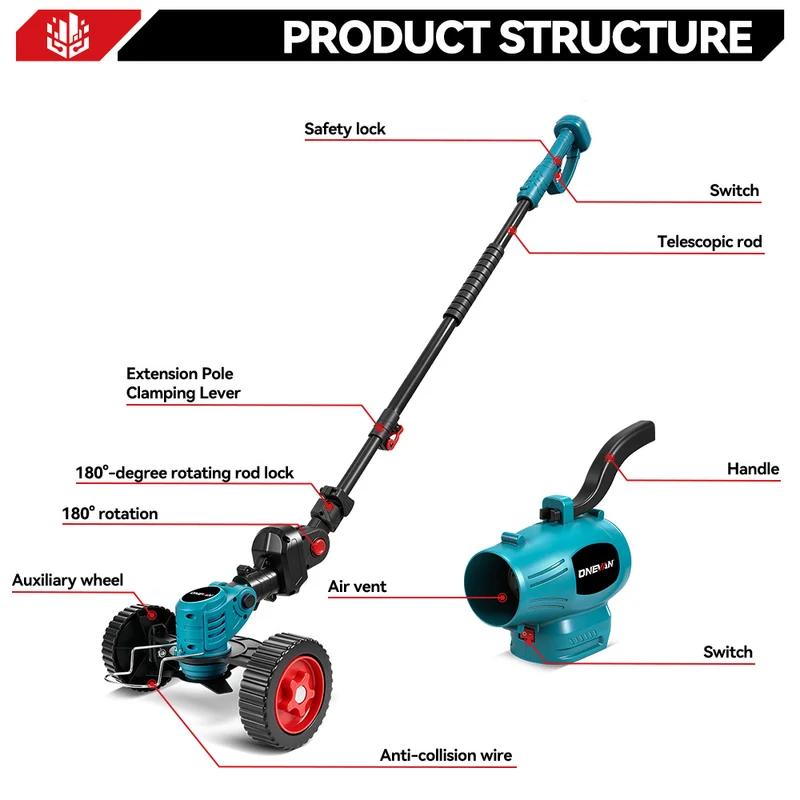 ONEVAN 3-in-1 Cordless Lawn Mower Kit with Blower & Extension Pole | 14cm Cutting Diameter