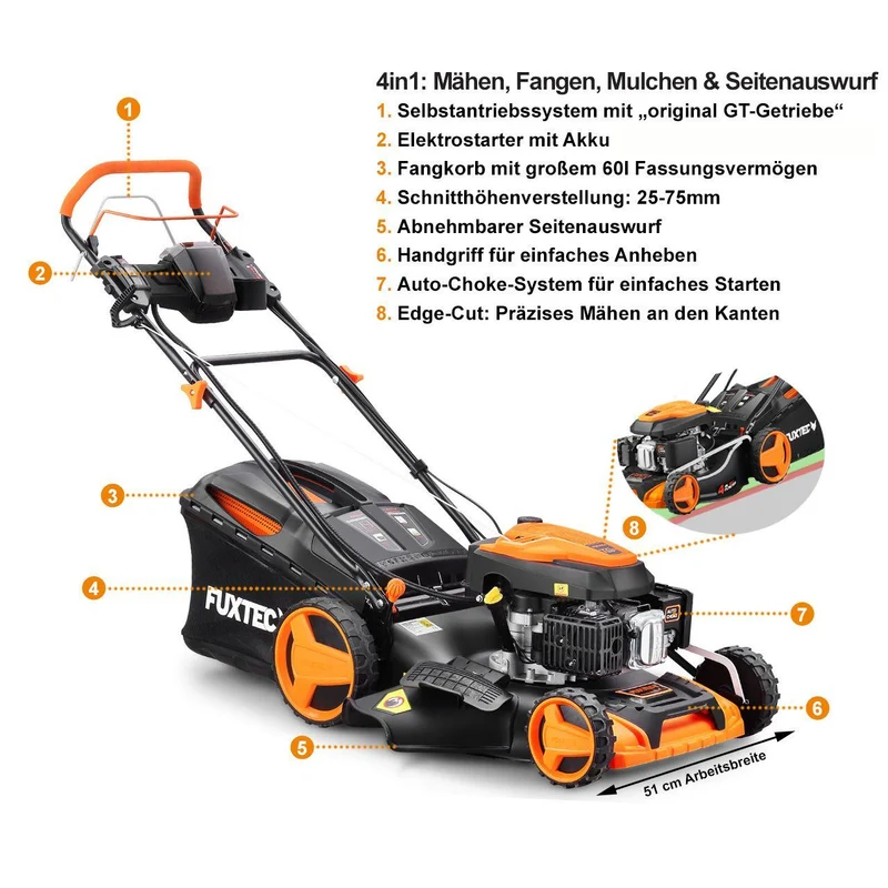 B-WARE FUXTEC Grasmaaier Benzine - E-Start - 51cm - Zelfrijdend / Zelftrekkend / Achterwielaandrijving - Mulchfunctie - Opvangbak 60L - FX-RM5196eS