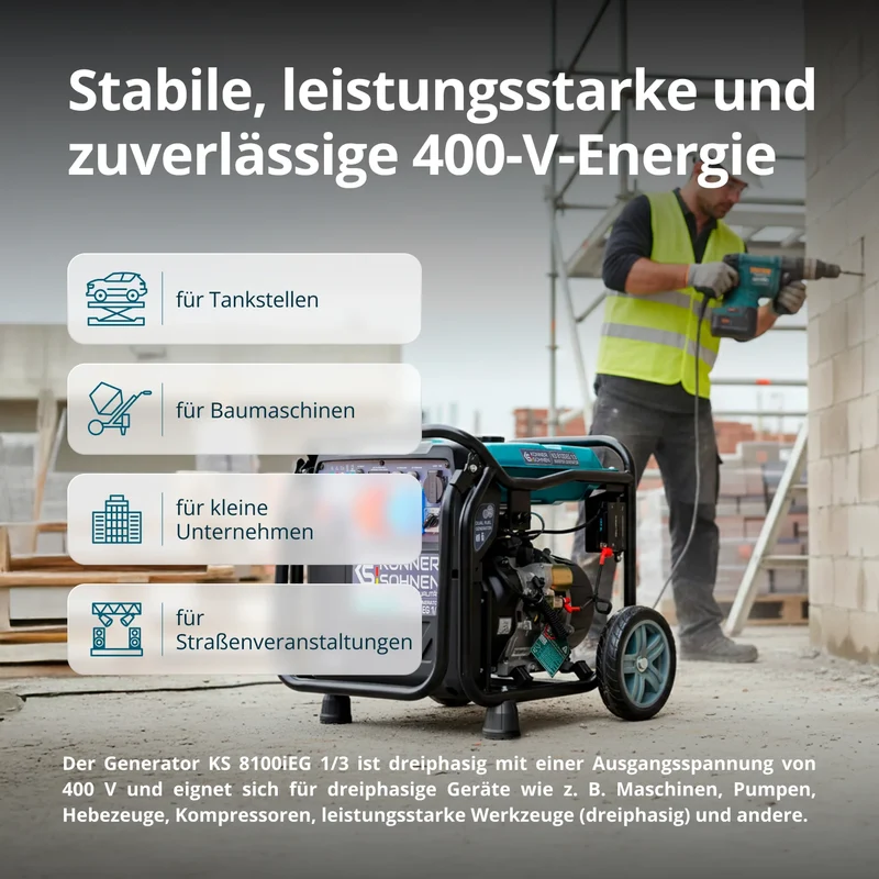 "Könner & Söhnen" Inverter-Generator KS 8100iEG 1/3 - 8kW Nennleistung (230/400V ohne Umschaltverluste abrufbar) - Benzin-/Gasmotor