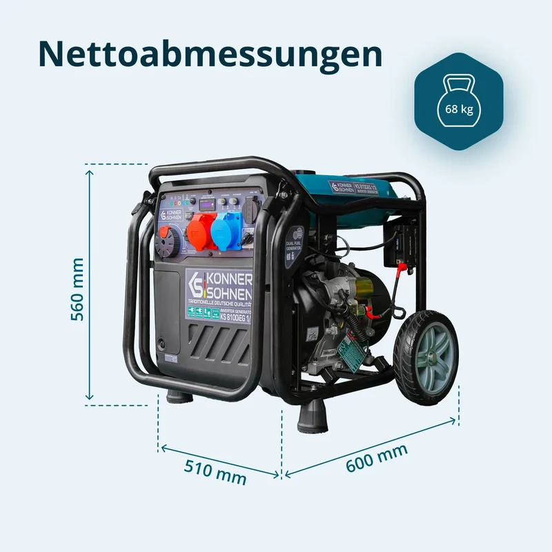 "Könner & Söhnen" Inverter-Generator KS 8100iEG 1/3 - 8kW Nennleistung (230/400V ohne Umschaltverluste abrufbar) - Benzin-/Gasmotor