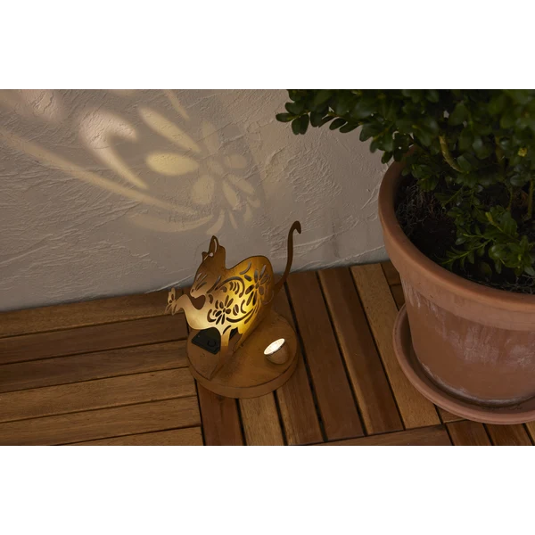 Star Trading LED-Solar-Dekoration "Oxicat", sitzende Katze Rost, Metall, ca. 25x30 cm, ww LED, Akku, outdoor, Vierfarb-Karton