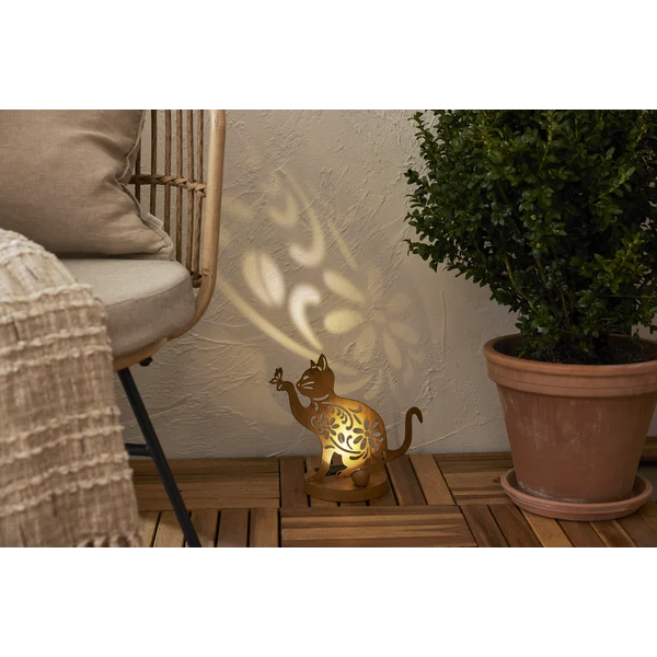 Star Trading LED-Solar-Dekoration "Oxicat", sitzende Katze Rost, Metall, ca. 25x30 cm, ww LED, Akku, outdoor, Vierfarb-Karton