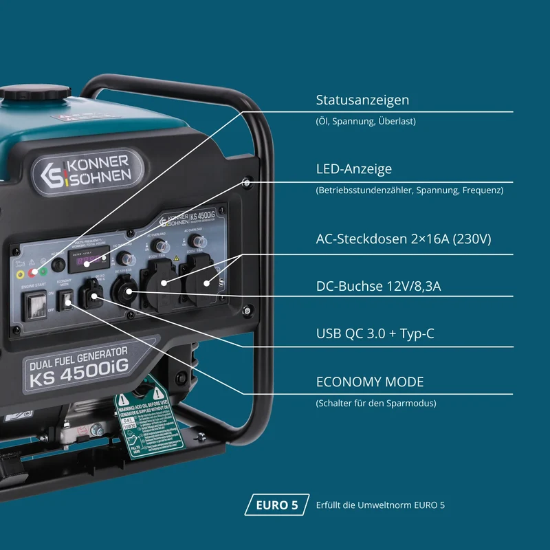 "Könner & Söhnen" Dual-Inverter-Generator KS 4500iG - 4.2kW Nennleistung - Benzin / Gas Motor - 230V