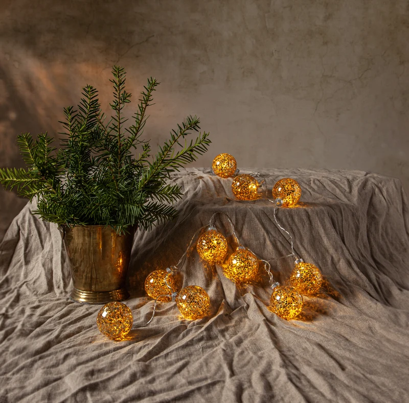 Star Trading LED-Lichterkette "Glitter" 10 goldene Kugeln, Kabel: transparent, 10 warmwhite LED, ca. 130x6 cm, Batterie, Timer, Vierfarb-Karton