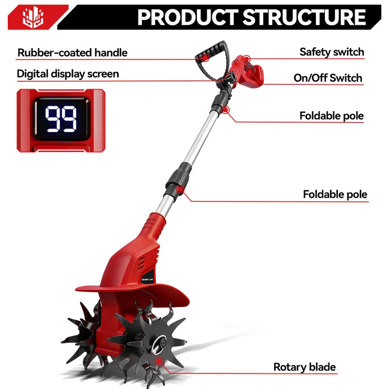 ONEVAN Cordless Brushless Tiller – 3-Fold Design | Dual Blades | LED Display | For Makita 18V Battery